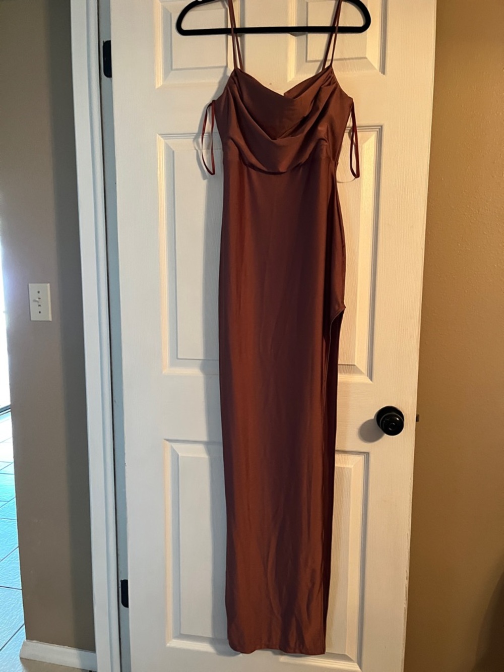 Windsor Brown Satin Cowl Neck Maxi Dress